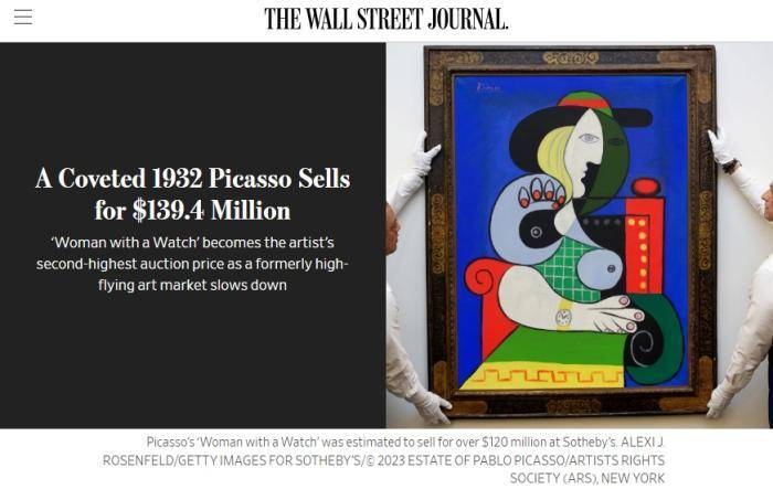 毕加索画作《戴手表的女人》拍出1.394亿美元