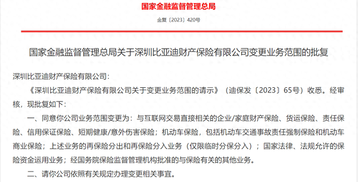 比亚迪财险如愿获得经营车险资质