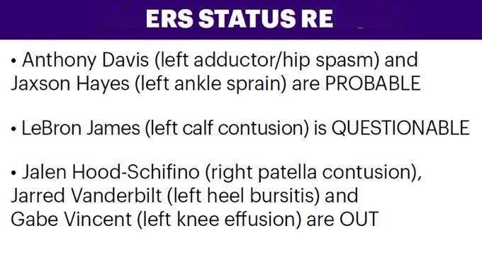 明日湖人战开拓者 詹姆斯因小腿挫伤出战成疑 浓眉大概率出战