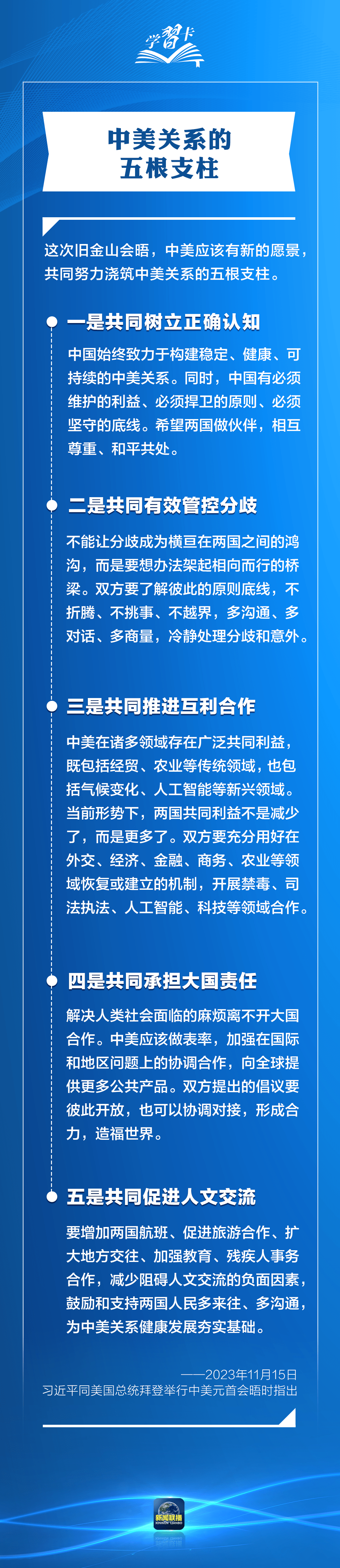 学习卡｜发展中美关系，习主席强调三点原则、四个方面、五根支柱