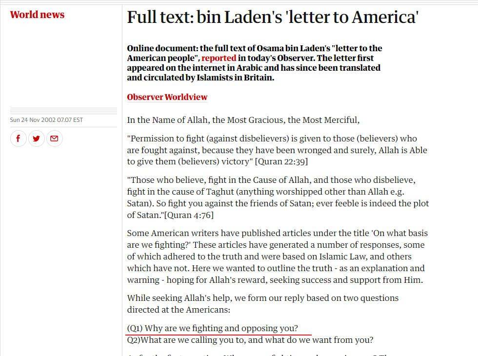 过去24小时，本拉登“致美国的信”在外网疯传，西方火速封杀