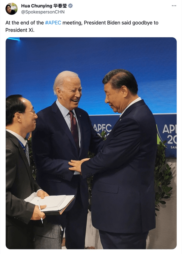 华春莹发文：APEC会议结束时，拜登总统与习主席话别